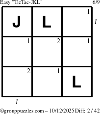 The grouppuzzles.com Easy TicTac-JKL puzzle for Sunday October 12, 2025, suitable for printing, with all 2 steps marked