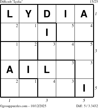 The grouppuzzles.com Difficult Lydia puzzle for Sunday October 12, 2025, suitable for printing, with all 5 steps marked