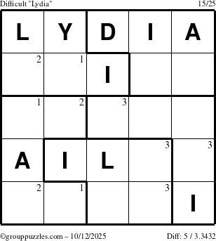 The grouppuzzles.com Difficult Lydia puzzle for Sunday October 12, 2025 with the first 3 steps marked