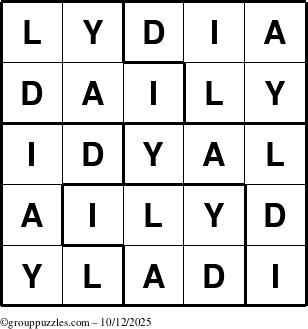 The grouppuzzles.com Answer grid for the Lydia puzzle for Sunday October 12, 2025