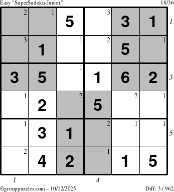 The grouppuzzles.com Easy SuperSudoku-Junior puzzle for Sunday October 12, 2025, suitable for printing, with all 3 steps marked