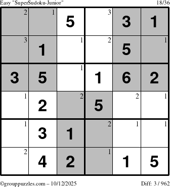 The grouppuzzles.com Easy SuperSudoku-Junior puzzle for Sunday October 12, 2025 with the first 3 steps marked