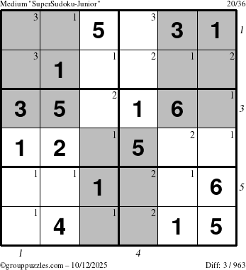 The grouppuzzles.com Medium SuperSudoku-Junior puzzle for Sunday October 12, 2025 with all 3 steps marked