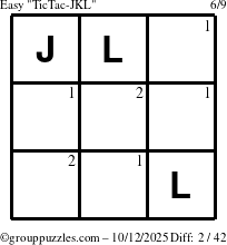 The grouppuzzles.com Easy TicTac-JKL puzzle for Sunday October 12, 2025 with the first 2 steps marked