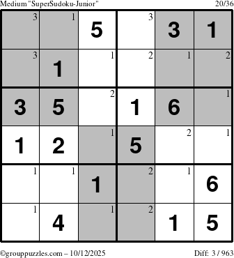 The grouppuzzles.com Medium SuperSudoku-Junior puzzle for Sunday October 12, 2025 with the first 3 steps marked