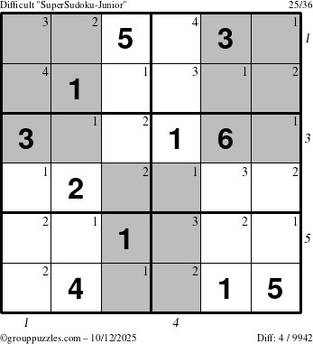 The grouppuzzles.com Difficult SuperSudoku-Junior puzzle for Sunday October 12, 2025, suitable for printing, with all 4 steps marked