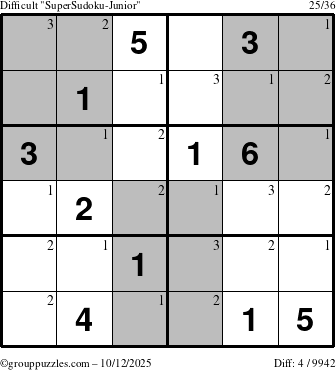 The grouppuzzles.com Difficult SuperSudoku-Junior puzzle for Sunday October 12, 2025 with the first 3 steps marked