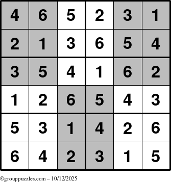 The grouppuzzles.com Answer grid for the SuperSudoku-Junior puzzle for Sunday October 12, 2025