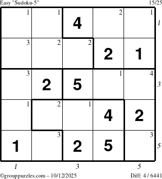 The grouppuzzles.com Easy Sudoku-5 puzzle for Sunday October 12, 2025, suitable for printing, with all 4 steps marked