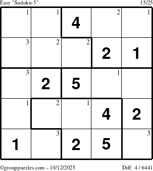 The grouppuzzles.com Easy Sudoku-5 puzzle for Sunday October 12, 2025 with the first 3 steps marked