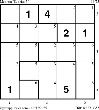 The grouppuzzles.com Medium Sudoku-5 puzzle for Sunday October 12, 2025, suitable for printing, with all 6 steps marked