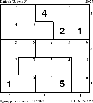 The grouppuzzles.com Difficult Sudoku-5 puzzle for Sunday October 12, 2025, suitable for printing, with all 6 steps marked