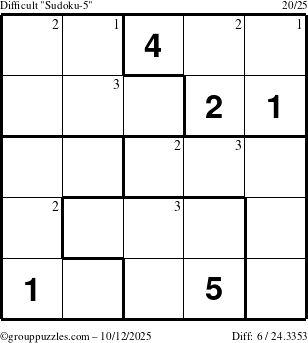 The grouppuzzles.com Difficult Sudoku-5 puzzle for Sunday October 12, 2025 with the first 3 steps marked