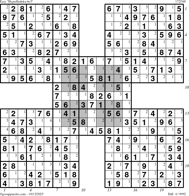 The grouppuzzles.com Easy HyperSudoku-by5 puzzle for Sunday October 12, 2025 with all 4 steps marked