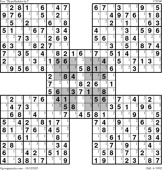 The grouppuzzles.com Easy HyperSudoku-by5 puzzle for Sunday October 12, 2025 with the first 3 steps marked