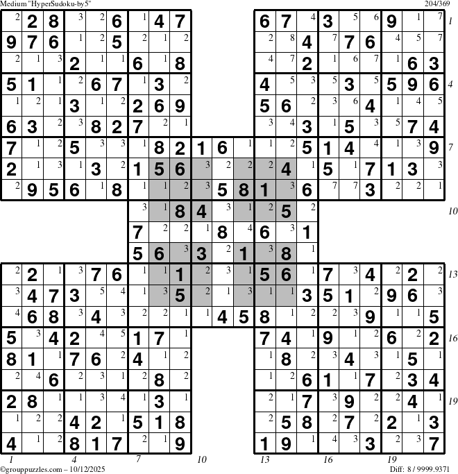 The grouppuzzles.com Medium HyperSudoku-by5 puzzle for Sunday October 12, 2025, suitable for printing, with all 8 steps marked