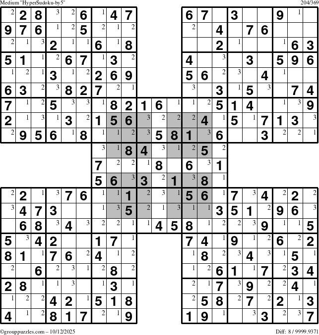 The grouppuzzles.com Medium HyperSudoku-by5 puzzle for Sunday October 12, 2025 with the first 3 steps marked