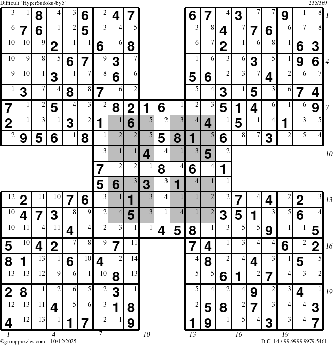 The grouppuzzles.com Difficult HyperSudoku-by5 puzzle for Sunday October 12, 2025 with all 14 steps marked