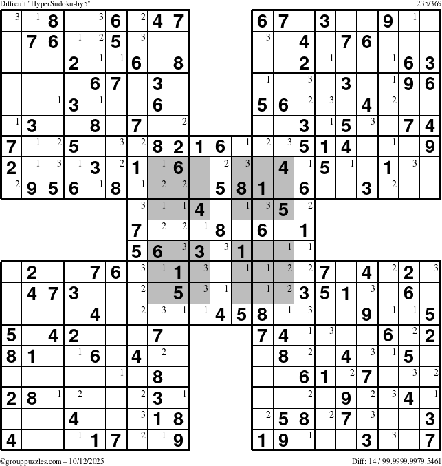 The grouppuzzles.com Difficult HyperSudoku-by5 puzzle for Sunday October 12, 2025 with the first 3 steps marked