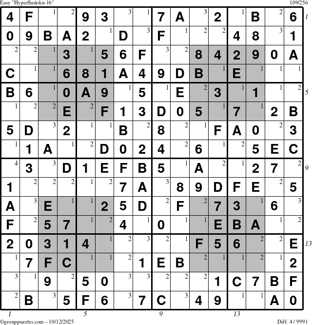The grouppuzzles.com Easy HyperSudoku-16 puzzle for Sunday October 12, 2025, suitable for printing, with all 4 steps marked