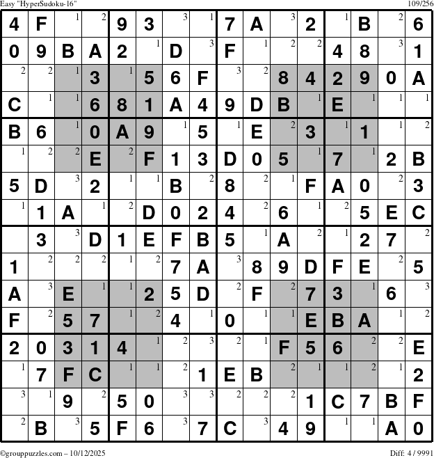 The grouppuzzles.com Easy HyperSudoku-16 puzzle for Sunday October 12, 2025 with the first 3 steps marked