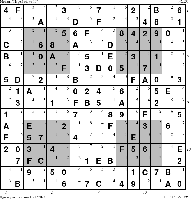 The grouppuzzles.com Medium HyperSudoku-16 puzzle for Sunday October 12, 2025, suitable for printing, with all 8 steps marked