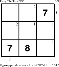 The grouppuzzles.com Easy TicTac-789 puzzle for Sunday October 12, 2025, suitable for printing, with all 2 steps marked