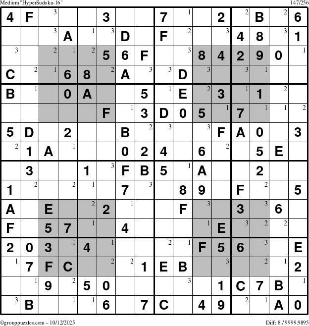 The grouppuzzles.com Medium HyperSudoku-16 puzzle for Sunday October 12, 2025 with the first 3 steps marked