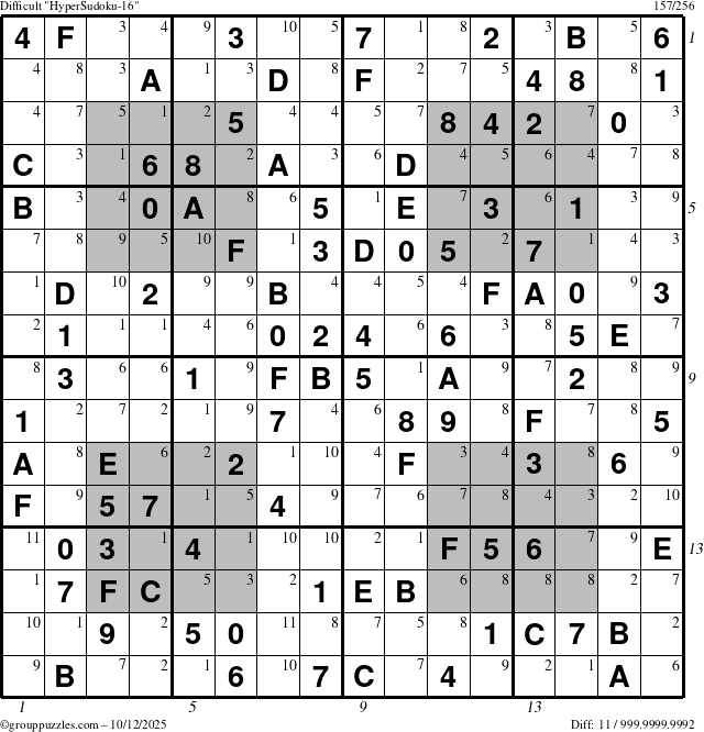 The grouppuzzles.com Difficult HyperSudoku-16 puzzle for Sunday October 12, 2025 with all 11 steps marked