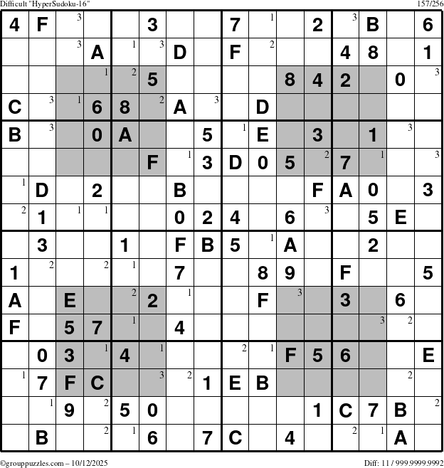 The grouppuzzles.com Difficult HyperSudoku-16 puzzle for Sunday October 12, 2025 with the first 3 steps marked