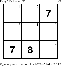 The grouppuzzles.com Easy TicTac-789 puzzle for Sunday October 12, 2025 with the first 2 steps marked