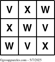 The grouppuzzles.com Answer grid for the TicTac-VWX puzzle for Wednesday May 7, 2025