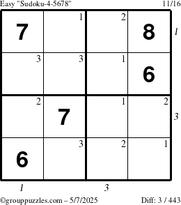 The grouppuzzles.com Easy Sudoku-4-5678 puzzle for Wednesday May 7, 2025 with all 3 steps marked