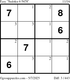 The grouppuzzles.com Easy Sudoku-4-5678 puzzle for Wednesday May 7, 2025 with the first 3 steps marked