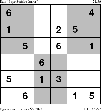 The grouppuzzles.com Easy SuperSudoku-Junior puzzle for Wednesday May 7, 2025