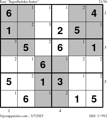 The grouppuzzles.com Easy SuperSudoku-Junior puzzle for Wednesday May 7, 2025, suitable for printing, with all 3 steps marked