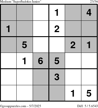 The grouppuzzles.com Medium SuperSudoku-Junior puzzle for Wednesday May 7, 2025