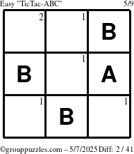 The grouppuzzles.com Easy TicTac-ABC puzzle for Wednesday May 7, 2025 with the first 2 steps marked