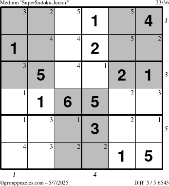 The grouppuzzles.com Medium SuperSudoku-Junior puzzle for Wednesday May 7, 2025, suitable for printing, with all 5 steps marked