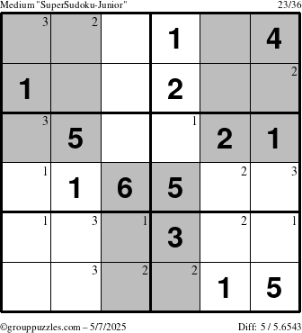 The grouppuzzles.com Medium SuperSudoku-Junior puzzle for Wednesday May 7, 2025 with the first 3 steps marked