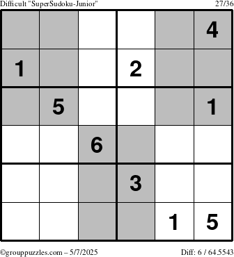 The grouppuzzles.com Difficult SuperSudoku-Junior puzzle for Wednesday May 7, 2025