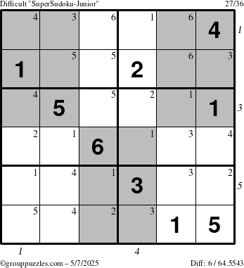 The grouppuzzles.com Difficult SuperSudoku-Junior puzzle for Wednesday May 7, 2025 with all 6 steps marked