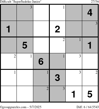 The grouppuzzles.com Difficult SuperSudoku-Junior puzzle for Wednesday May 7, 2025 with the first 3 steps marked