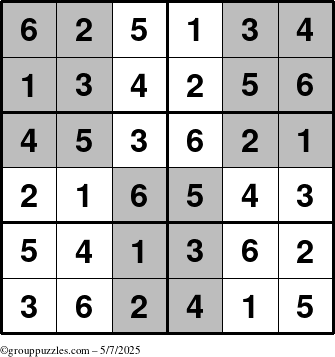 The grouppuzzles.com Answer grid for the SuperSudoku-Junior puzzle for Wednesday May 7, 2025