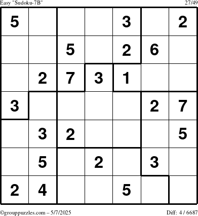The grouppuzzles.com Easy Sudoku-7B puzzle for Wednesday May 7, 2025