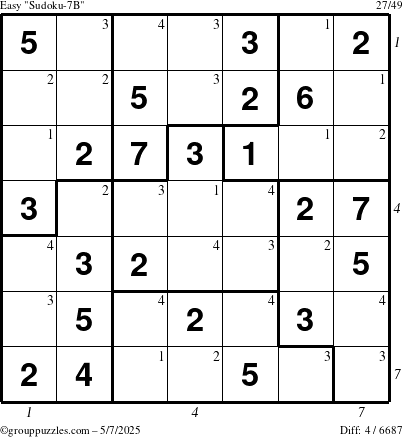 The grouppuzzles.com Easy Sudoku-7B puzzle for Wednesday May 7, 2025 with all 4 steps marked