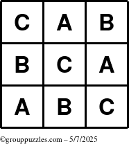The grouppuzzles.com Answer grid for the TicTac-ABC puzzle for Wednesday May 7, 2025