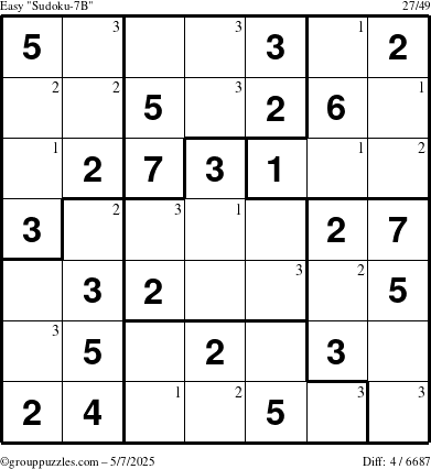 The grouppuzzles.com Easy Sudoku-7B puzzle for Wednesday May 7, 2025 with the first 3 steps marked