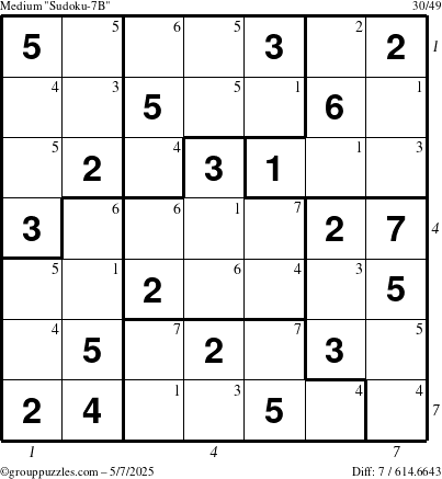 The grouppuzzles.com Medium Sudoku-7B puzzle for Wednesday May 7, 2025, suitable for printing, with all 7 steps marked