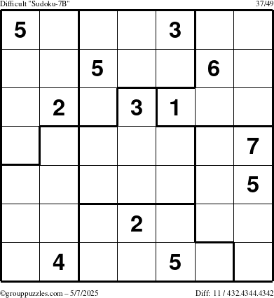 The grouppuzzles.com Difficult Sudoku-7B puzzle for Wednesday May 7, 2025